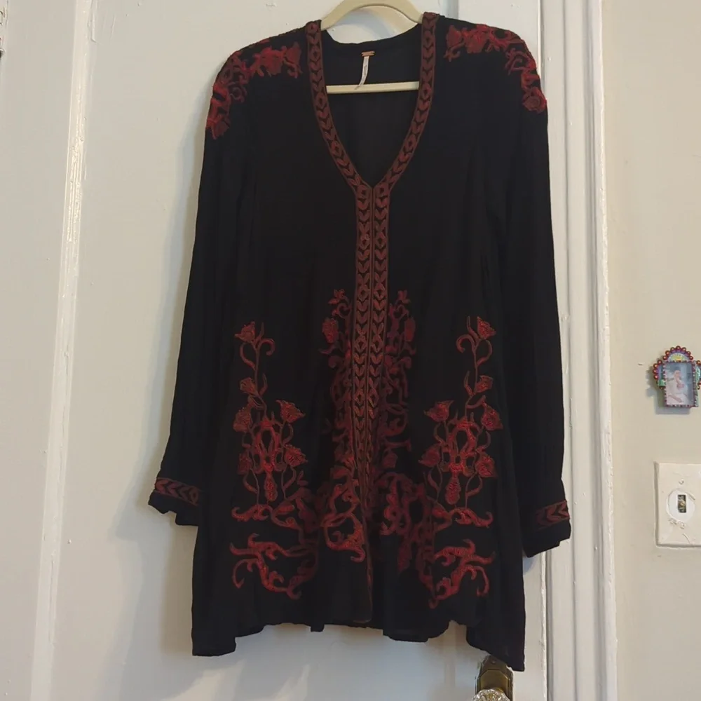 Dark romantic Free people LS Black  embroidered Mini dress-small